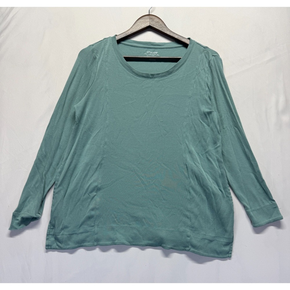 Chico's The Ultimate Shirt Womens M Sage Green Pima Cotton Side Slits Scoop Neck